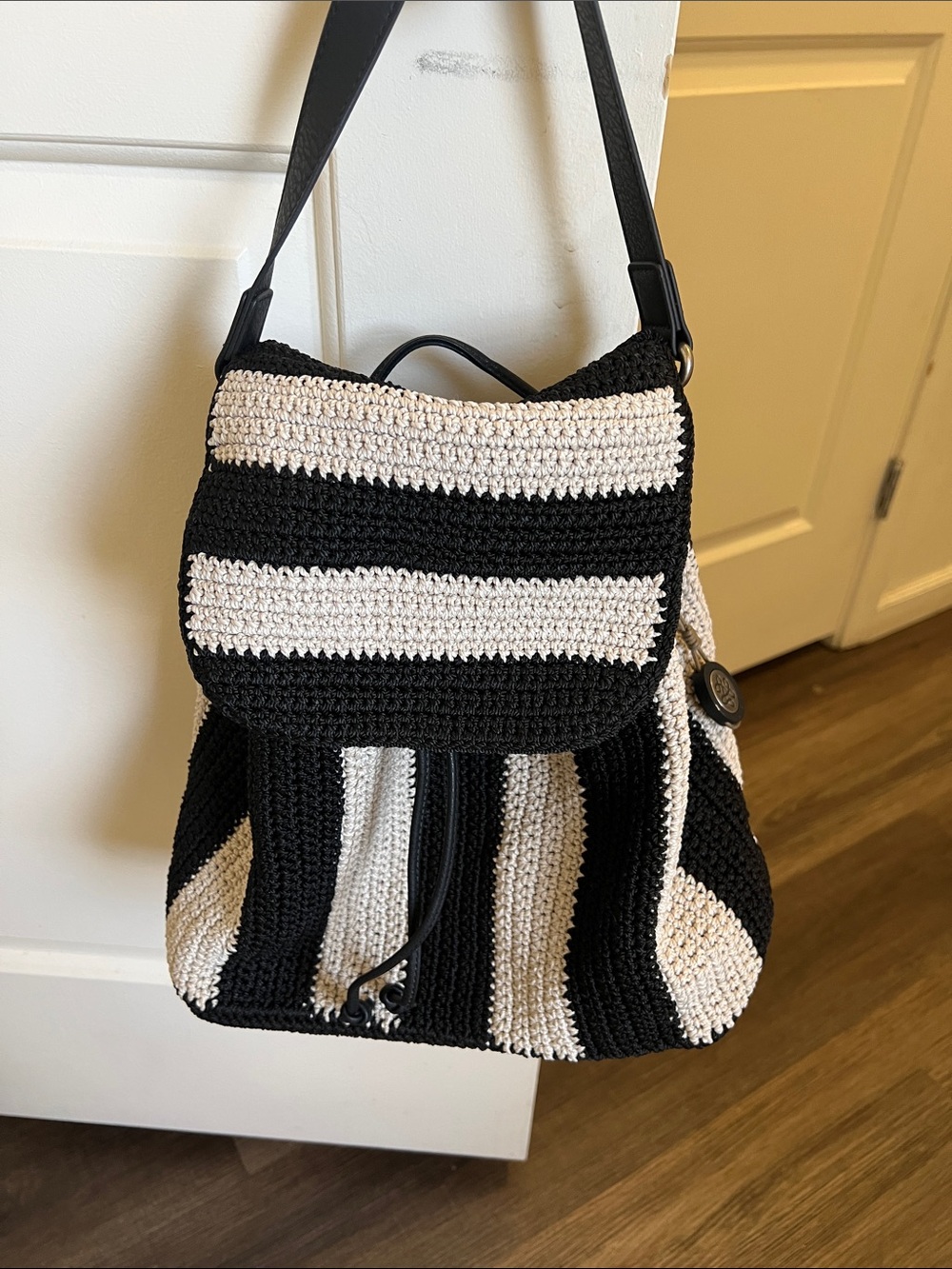 The Sak Black & Cream Crochet Backpack Purse Boho Knit Drawstring